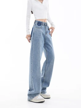 Винтажные синие джинсы, женские весенне-осенние новые повседневные простые нейтральные джинсовые брюки с высокой талией и широкими карманами на штанинах, женские