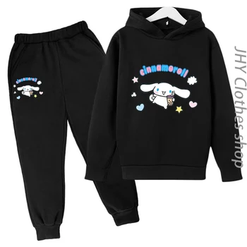 Детский Спортивный пуловер с рисунком Аниме, Одежда Sanrio Cinnamoroll, Кавайный Очаровательный Топ с капюшоном и штаны для мальчиков 3-14 лет, Повседневный комплект для бега трусцой