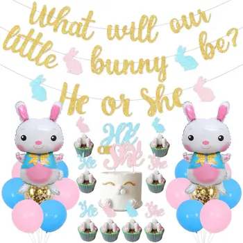 JOYMEMO Bunny Раскрывает Пол Украшения для вечеринки, Каким будет наш Маленький Кролик, Баннер, Он или Она, Топпер Для Торта, Принадлежности для воздушных шаров с Кроликом
