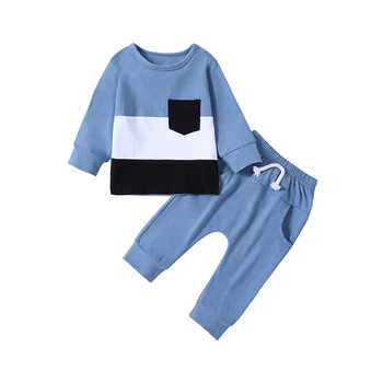 Осенне-зимняя одежда для маленьких мальчиков контрастного цвета, пуловер с длинными рукавами, топы, футболка, штаны с завязками, комплект одежды из 2 предметов