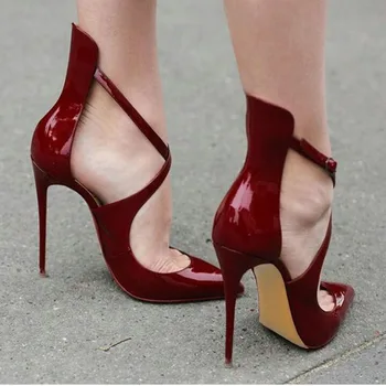 Лаковая кожа, цвет красного вина, Пикантные женские одиночные туфли с перекрестным ремешком на тонком каблуке, Популярная женская обувь для внешней торговли, Большие женские каблуки
