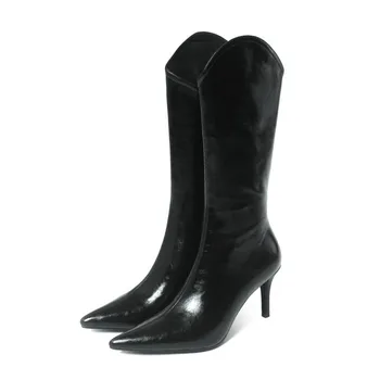 Новая Неделя моды в Париже, Коричневые Ботинки Для Уличной Съемки, Женские Черные туфли Большого Размера до колена на высоком Каблуке-шпильке Большого Размера 39