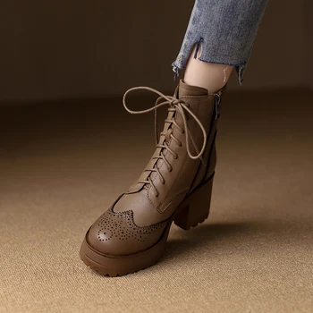 Женские ботильоны из натуральной кожи 22-25 см, из промытой воловьей кожи, современные ботинки с резьбой по дереву, винтажные ботинки на платформе с застежкой-молнией