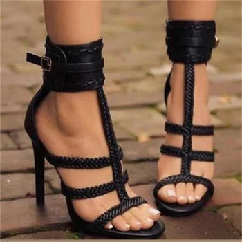 Черные тканевые сандалии С Т-образным ремешком, Женские ботинки на высоком каблуке-шпильке, Тонкие босоножки с ремешком на пятке и пряжкой, Вырезанные Полые туфли