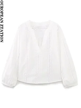 PAILETE, женская мода 2023 года, кружевные блузки с ришелье и вышивкой, винтажные блузки с v-образным вырезом и пышными рукавами, женские рубашки, blusas, шикарные топы
