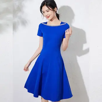 Синее женское платье с карманами, прямой вырез, однотонное женское платье средней длины, уменьшающее талию, летнее платье 2023, женский топ