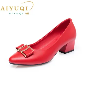 Женская обувь AIYUQI, осень 2023, Новая женская рабочая обувь на среднем каблуке с острым носком, Профессиональная Женская обувь для вечеринок из натуральной кожи