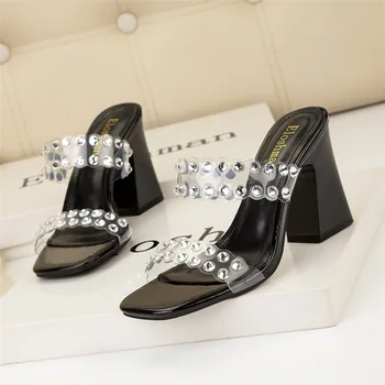 Женские тапочки 2023, Летние модные Босоножки на высоком каблуке с прозрачной лентой и кристаллами, Женские уличные вечерние модельные туфли без застежки с открытым носком