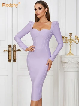 Modphy 2023 Новое Светло-фиолетовое Элегантное Вечернее Сексуальное Платье с квадратным воротником и длинными рукавами, облегающее Бандажное платье средней длины, Модные клубные платья