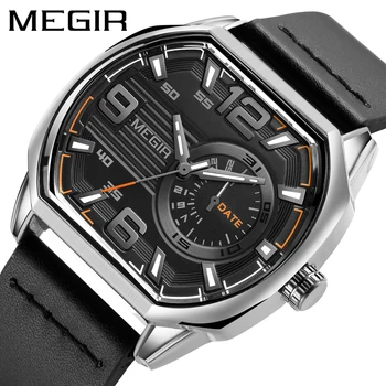 MEGIR Креативные Квадратные спортивные кварцевые часы для мужчин, кожаные водонепроницаемые мужские часы со светящейся датой, лучший бренд класса Люкс, наручные часы