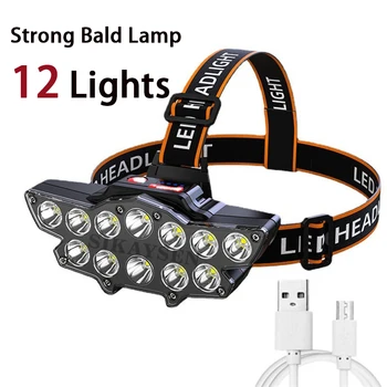 2023 Новая Фара USB Перезаряжаемая Фара 12 светодиодов, сильный свет на лысую Голову, Уличный Рыболовный фонарик, Шахтный фонарь