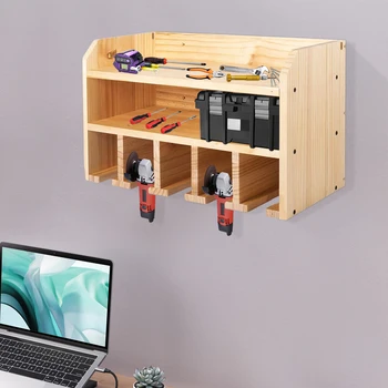 Органайзер для электроинструмента для гаража -Полностью собранный ящик для инструментов из дерева, зарядная станция для 5 дрелей и держатель для циркулярной пилы, подарок для мужчин