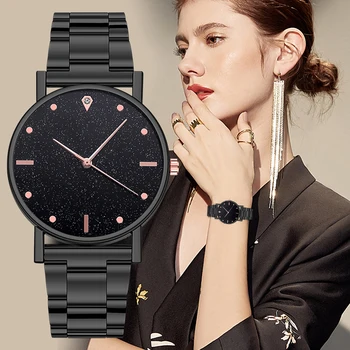 Черные женские часы 2023, лучший бренд класса Люкс, Звездное небо, Женские аналоговые кварцевые наручные часы из нержавеющей стали для челнока