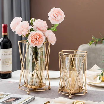 Золотая ваза, Металлический цветочный горшок, Цветочная композиция, Стеклянные вазы из сплава с покрытием, Украшение стола, Современный роскошный домашний декор