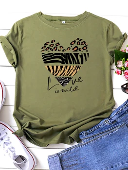 Женская футболка Love Is Wild с принтом леопардового Сердца, Короткий рукав, O-Образный Вырез, Свободная Женская Футболка, Женская футболка, Топы Camisetas Mujer