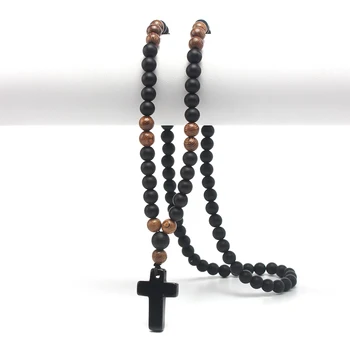 Натуральный камень, 8 мм, обсидиан и деревянные круглые бусины, мужское ожерелье с подвеской в виде креста, ювелирные изделия ручной работы