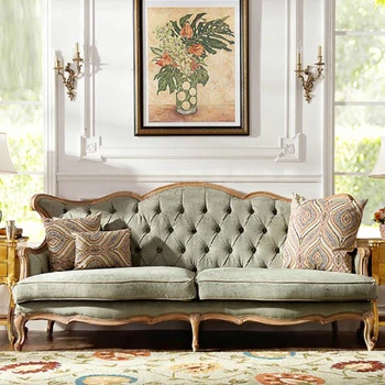 Индивидуальный ретро-диван из массива дерева в американском стиле в стиле кантри, европейский простой тканевый диван для трех человек, французский двуспальный диван для приема гостей