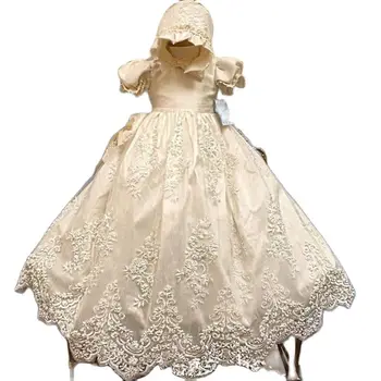 Платье для причастия, винтажное платье с короткими рукавами и аппликацией, платья для крещения маленьких девочек, белое бежевое платье с бантом для крещения