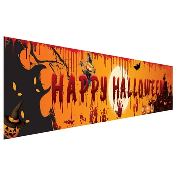 Баннер на Хэллоуин Длиной 250x48 см, декоративный баннер с надписью Happy Halloween с кровавыми ручными летучими мышами и тыквой во дворе