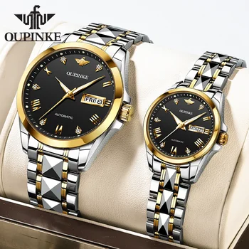 Парные часы OUPINKE для мужчин и женщин, автоматические механические наручные часы из вольфрамовой стали, роскошный бренд, набор часов для его или ее возлюбленного