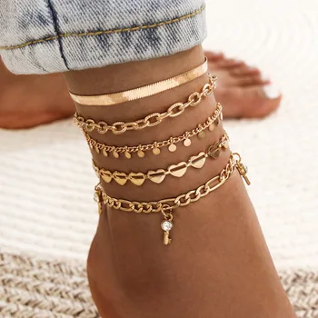 5 шт. Модный брелок-цепочка на ножной браслет для женщин в стиле Бохо с сердечками, браслет на ногу, Пляжные украшения для ног, подарок