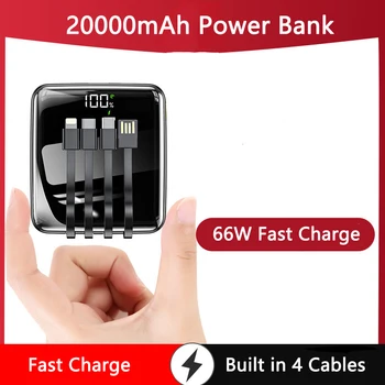 Мини-банк питания 20000 мАч, встроенный кабель 66 Вт, сверхбыстрая зарядка для Huawei P40 Powerbank для iPhone 14 Samsung Xiaomi Poverbank