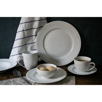 Чистая белая рельефная посуда, керамическая обеденная тарелка, плоская тарелка Северной Европы и Америки, суповая тарелка, миска, кружка, кофейная чашка, чайная чашка