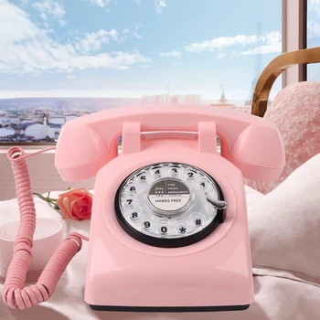 Телефоны с поворотным циферблатом Ретро-телефон 1980-х, Ретро Проводной стационарный телефон для дома/офиса, Розовый Европейский стационарный телефон