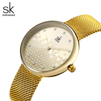 Женские часы, Модные Женские часы SHENGKE, Элитный бренд, Женские золотые наручные часы с бриллиантами и кварцем, Сетчатые женские часы из нержавеющей стали