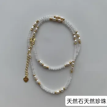 Ретро Натуральный пресноводный Просяной Жемчуг, позолоченное ожерелье, изысканный кулон из натурального камня