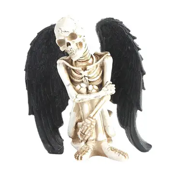 Статуя скелета, украшения скелета на Хэллоуин из смолы С черным крылом Ангела, Украшения скелета на Хэллоуин, Череп с Черным крылом Ангела