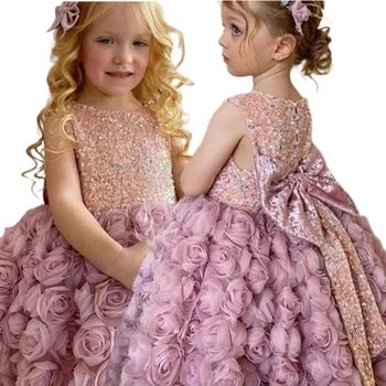 2023 Новое Поступление, Розовое Милое платье Принцессы Для девочек, Одежда для Вечеринки в честь Дня рождения с Большим Бантом, Детское Свадебное платье, Подростковое ретро-платье