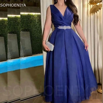 Новое Поступление, вечерние платья королевского синего цвета с V-образным вырезом, длинное роскошное вечернее платье из органзы 2023, Вечернее платье для выпускного вечера, Vestidos de fiesta