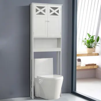 шкаф для хранения туалетной комнаты, отдельно стоящий шкаф для ванной комнаты с двойными дверцами и регулируемыми полками, белый
