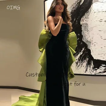 OIMG Современные Вечерние платья в арабском стиле из Дубая, Бархатное черное вечернее платье без бретелек с оборками, Длинное Платье для выпускного вечера