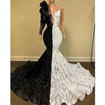 Вечернее платье Русалки на одно плечо Для женщин, Сексуальный Глубокий V-образный вырез, Черное Белое платье контрастного цвета, Кружевное платье для выпускного вечера с блестящими блестками, Vestidos