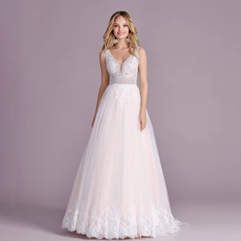 Champagne Tulle Lace Wedding Dresses A-Line V-Neck Appliques Strap vestidos de fiesta платье вечернее Bridal Dresse