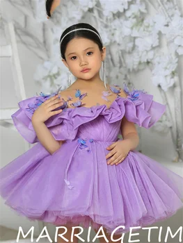 Фиолетовое платье для девочек Длиной до колен, платья принцессы с цветочным узором для девочек, Милое платье для маленьких девочек, платья для Вечеринки в честь Дня рождения