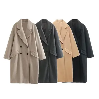 Женское Новое Модное Двубортное Длинное шерстяное пальто с карманом, Винтажная Женская верхняя одежда с длинным рукавом, Шикарные топы