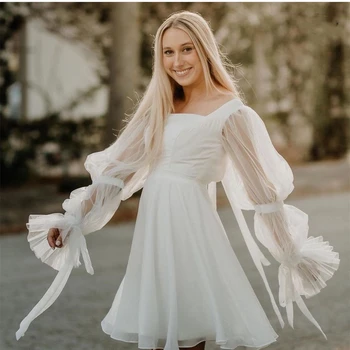 Простое короткое свадебное платье для женщин 2023 Невесты С квадратным воротником из тюля с пышными рукавами Свадебное платье без спинки с лентой на заказ