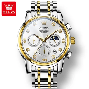 OLEVS 2889, водонепроницаемые модные мужские часы, кварцевый многофункциональный ремешок из нержавеющей стали, мужские наручные часы Со светящимся хронографом