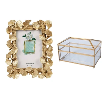 1 шт. ретро-рамка из смолы, золотая фоторамка с листьями гинкго и 1 шт. практичная коробка для салфеток из золотого стекла