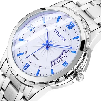 2021 Мужские деловые часы с синим зеркалом, Стальной ремешок, Мужской Календарь, кварцевые часы